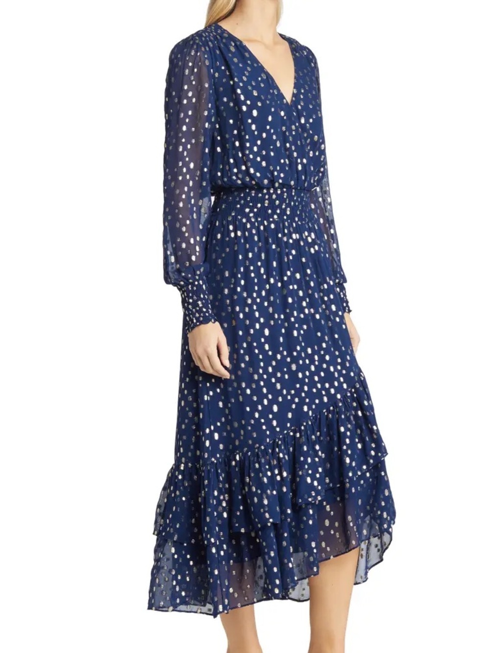 Lilly Pulitzer Christiana long sleeve blue gold chiffon metallic Midi dress 2